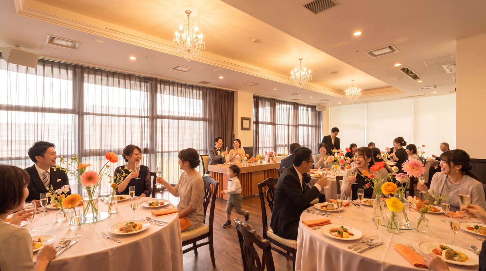 披露宴会場ブリーズで、乾杯し笑い合うゲストとおふたり